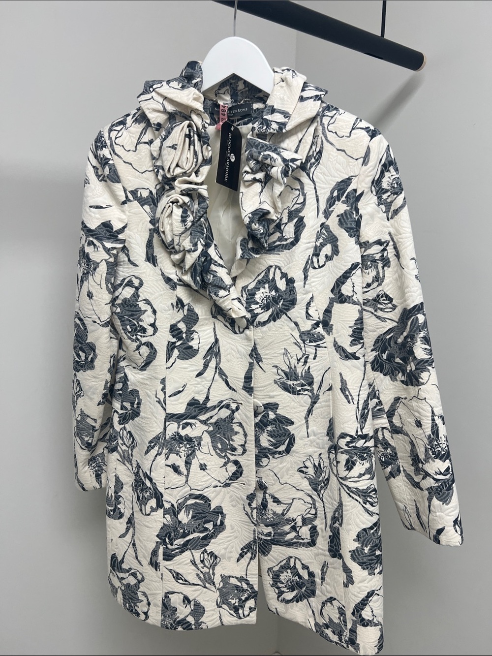 Floral Ruffle Hooded Pea Coat - Black & White